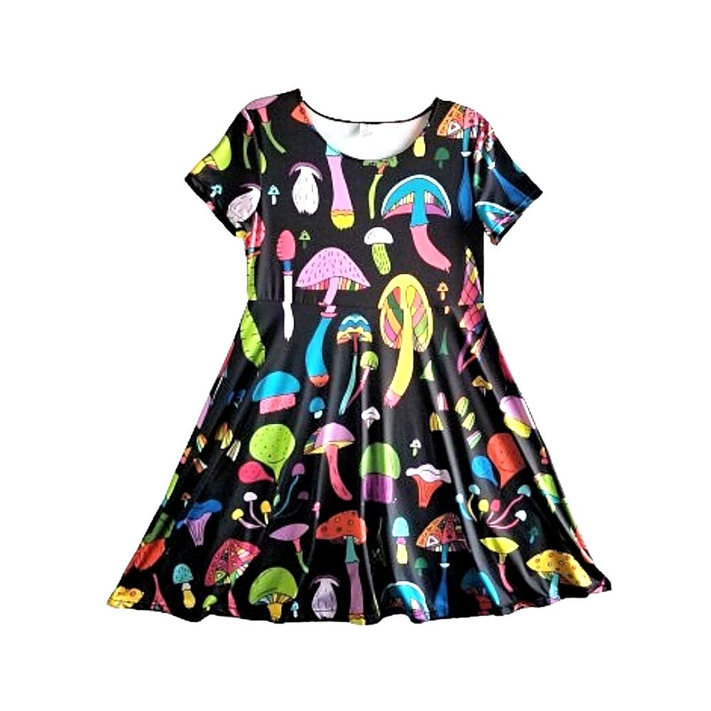 Women's Black Colorful Mushroom Print Skater Dress Plus Sz 2XL Short Sleeves XXL